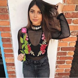 LF black mesh bodysuit with roses